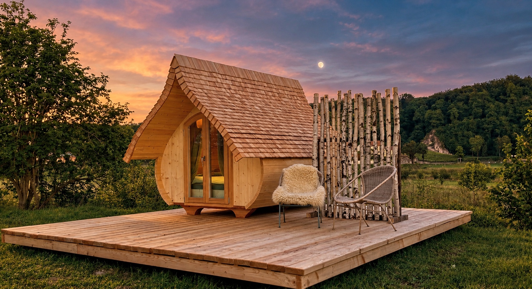 Eine Cabin auf der Holzterrasse in der Abenddämmerung, der Mond über dem Dach