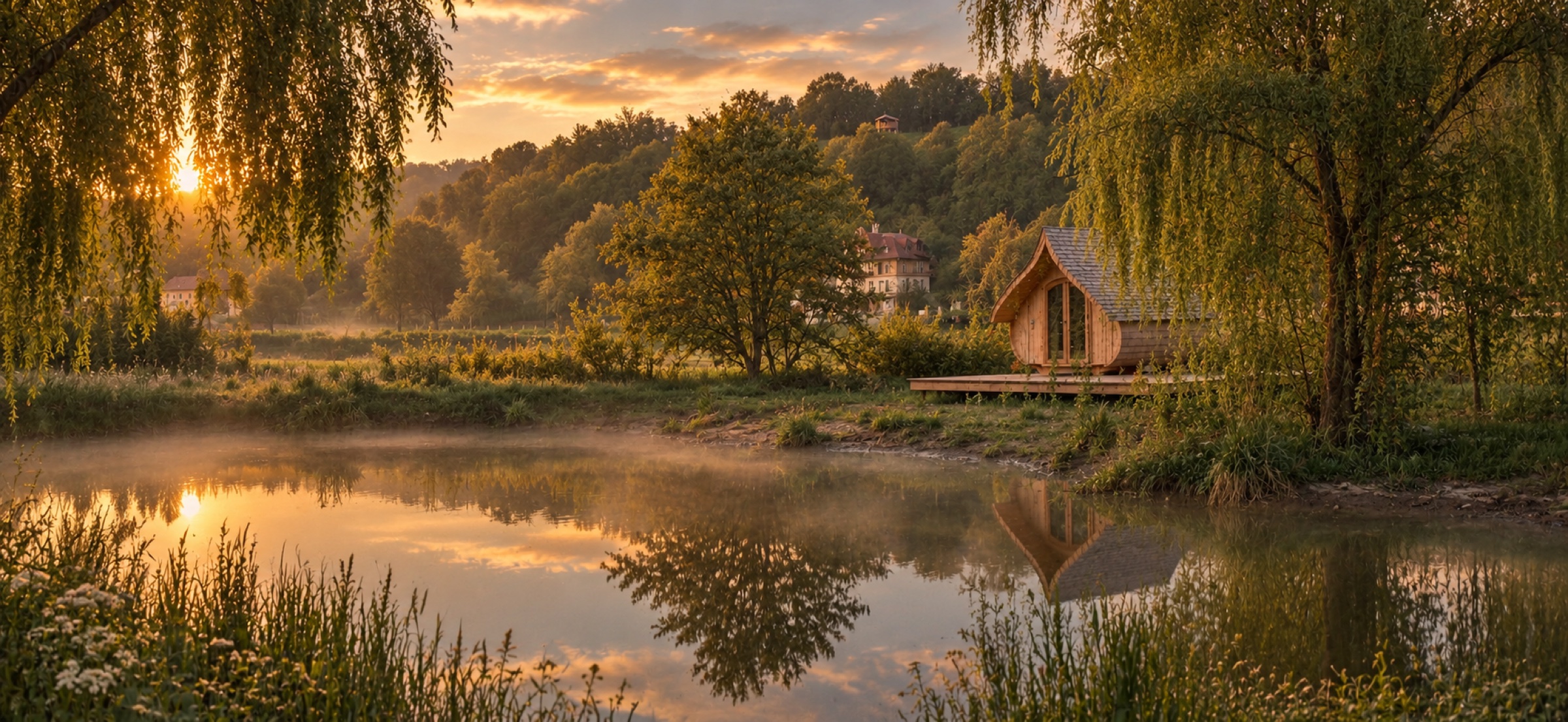 Der Teich im goldenen Abendlicht, eine Cabin am Ufer