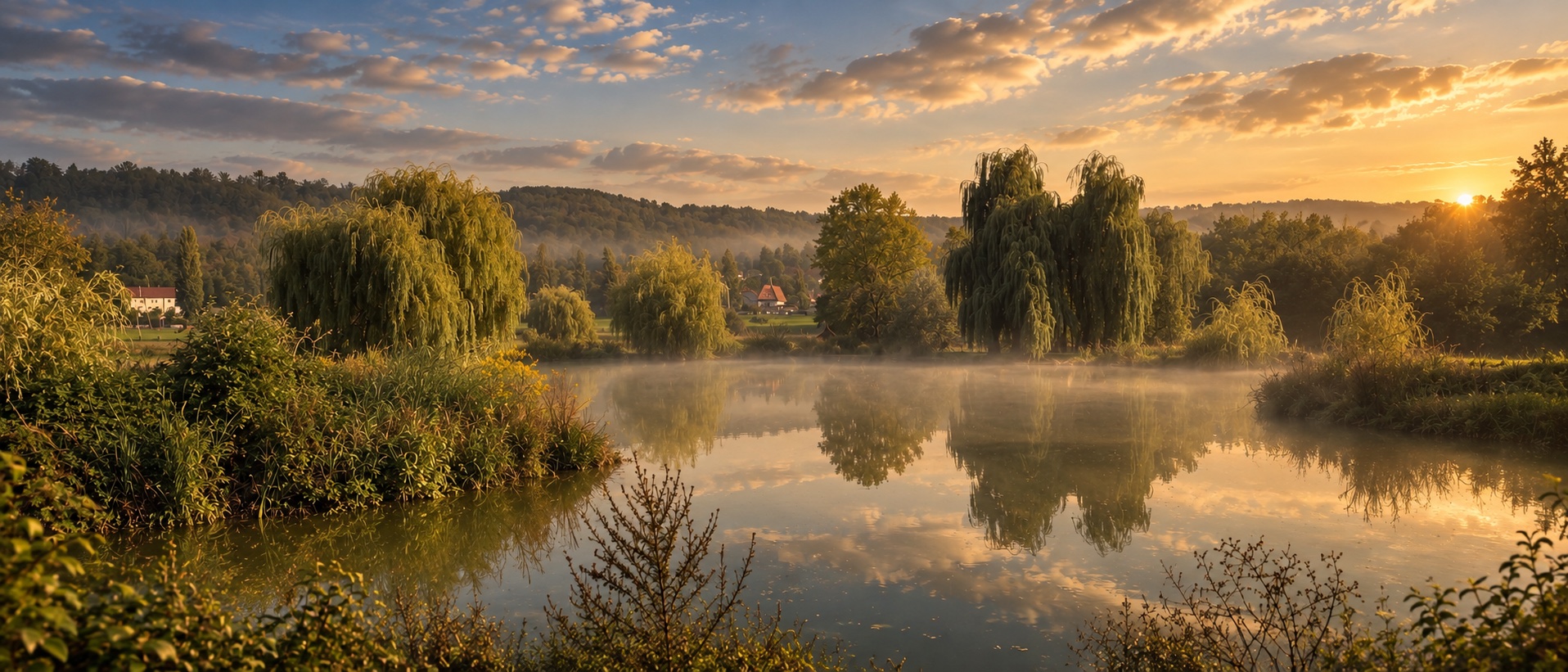 Der Teich im goldenen Abendlicht, Nebel über dem Wasser