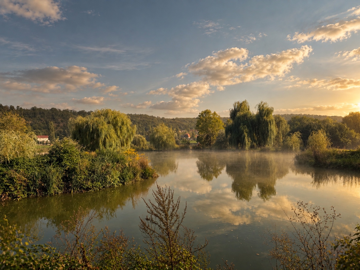 Der Naturteich im Abendlicht, Nebel über dem Wasser