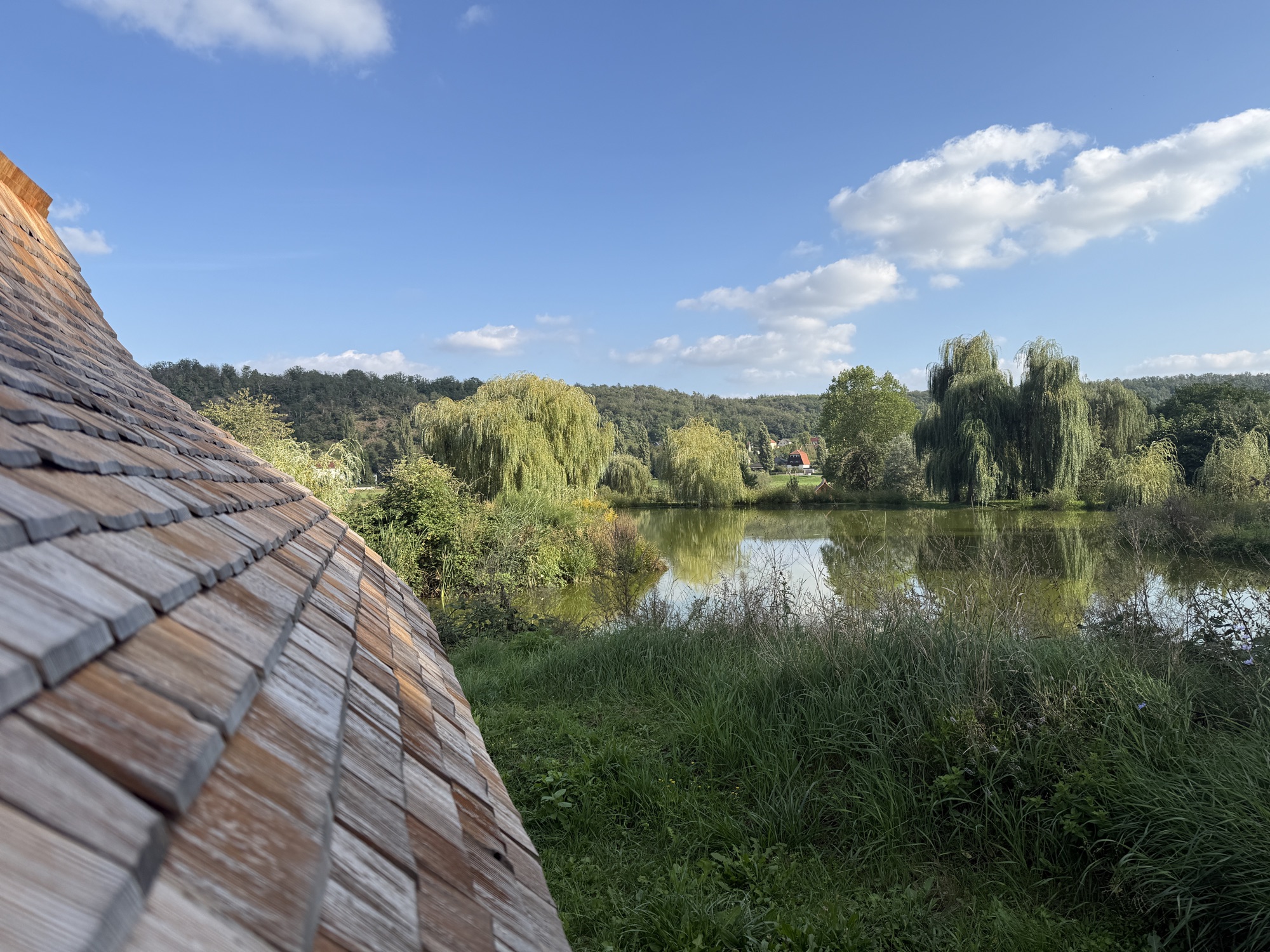 Schindeldach der Cabin, dahinter der Teich