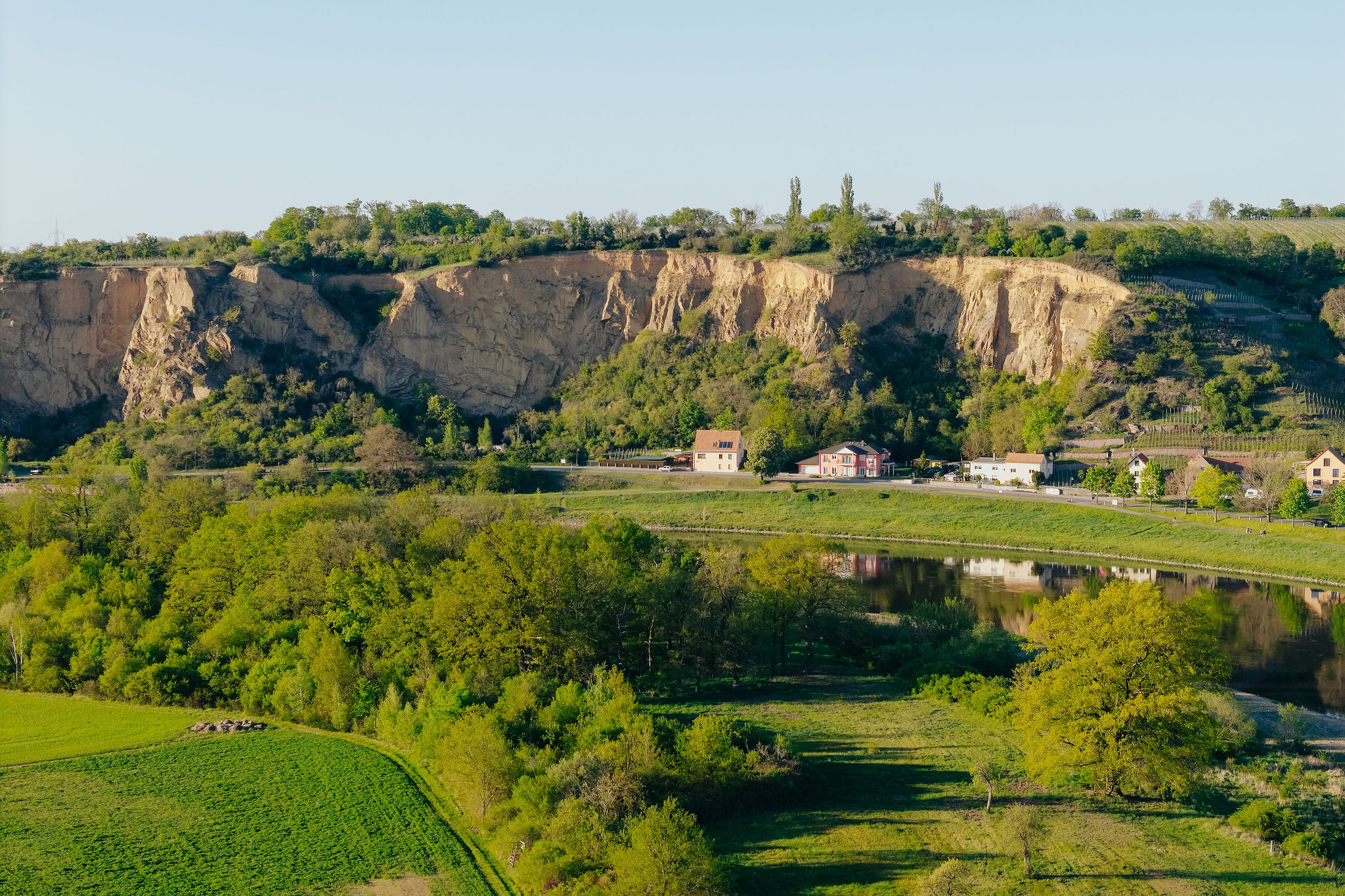 Blick über die Elbe auf die Felsen und Weinberge am anderen Ufer