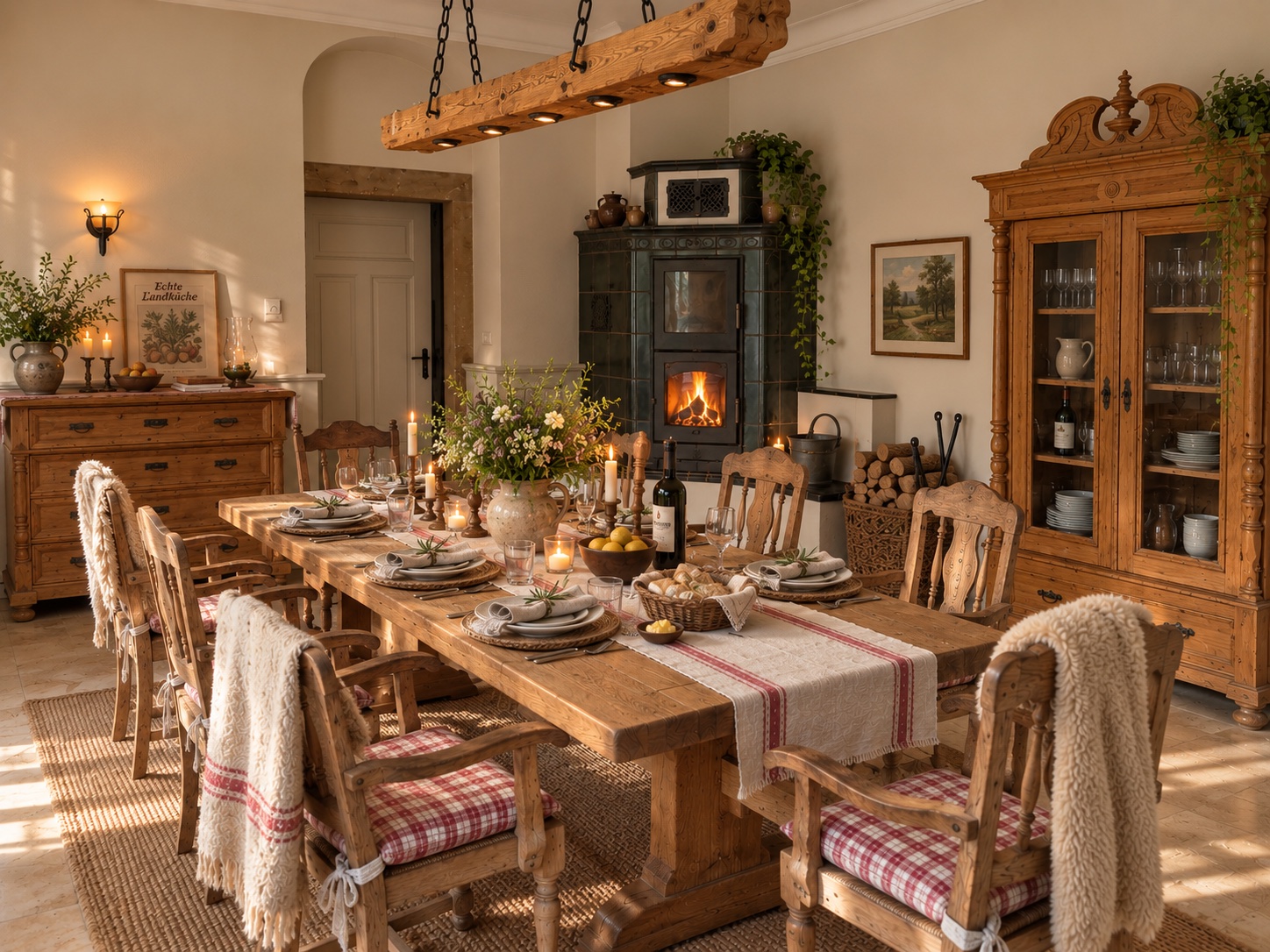 Das Esszimmer mit gedeckter Tafel und Kachelofen