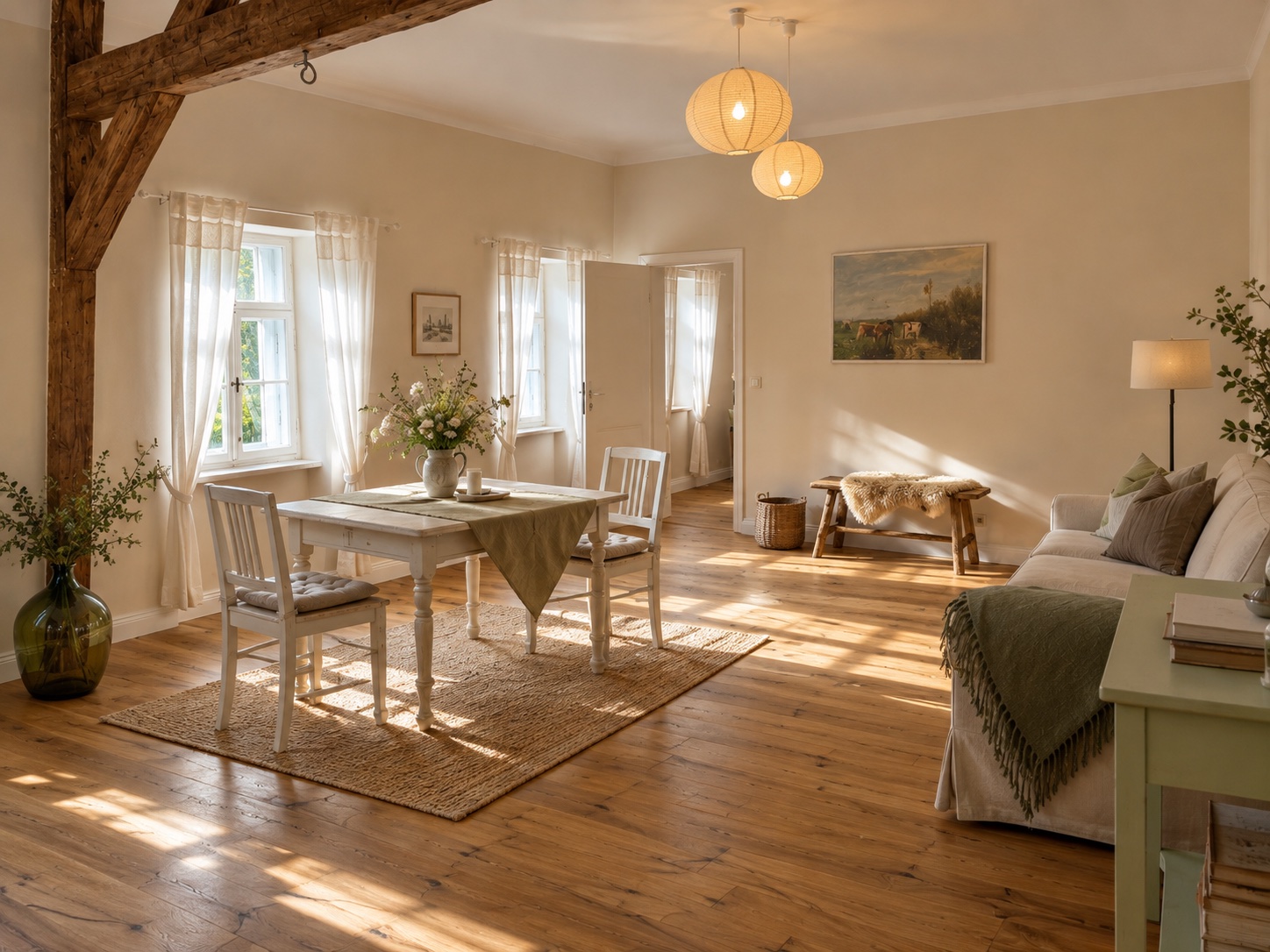 Gutszimmer Linde mit Balken und Esstisch