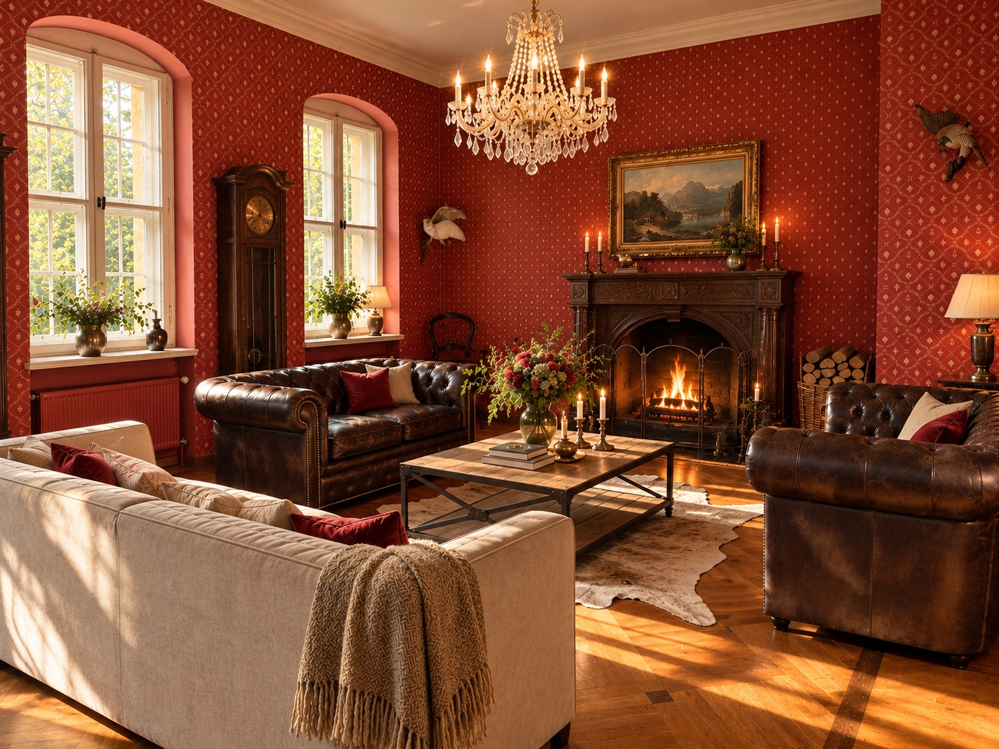 Der Rote Salon mit Kamin und Kristalllüster